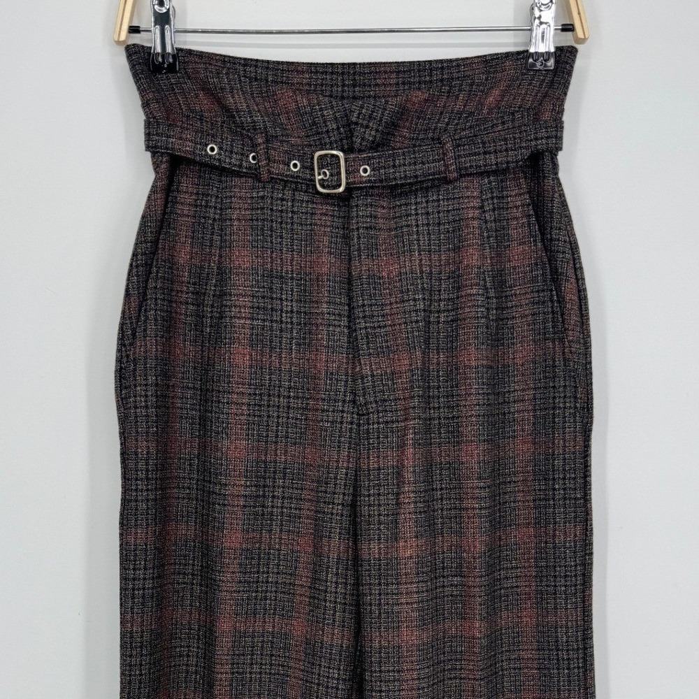 Reformation Belted Wide Leg Trouser Pants 2 Brown Plaid Dark Academia Career - Picture 3 of 12